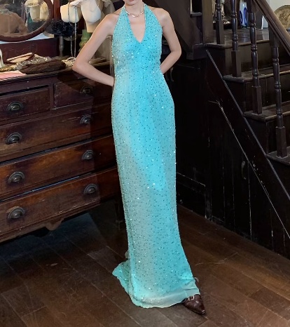 Shiny Prom Dress Halter Gala Gown Evening Dress Birthday Party Dress    D5250