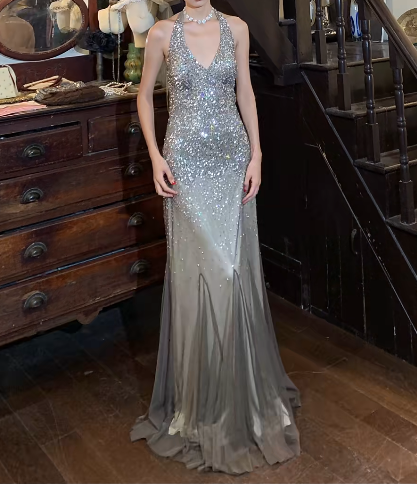 Sparkling 90s Prom Dress Halter Mermaid Gala Gown Evening Dress Birthday Party Dress    D5252