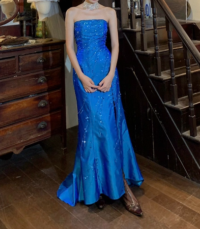 Charming Prom Dress Blue Satin Strapless Mermaid Gala Gown Evening Dress Birthday Party Dress    D5258