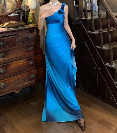 Retro 90s Prom Dress Ombre One Shoulder Gala Gown Evening Dress    D5263