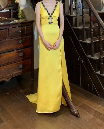 Retro 90s Prom Dress Yellow V-neck Slit Gala Gown Evening Dress    D5264