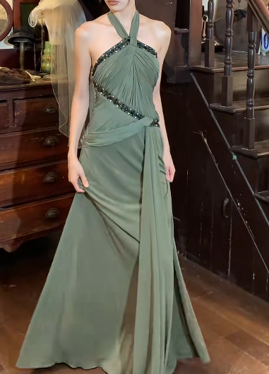 Vintage 50s Prom Dress Halter Pleated Gala Gown Evening Dress    D5267