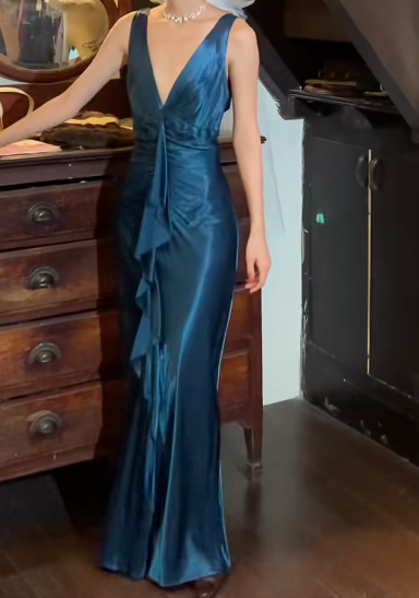 Vintage 50s Prom Dress V-neck Backless Pleated Gala Gown Evening Dress    D5268