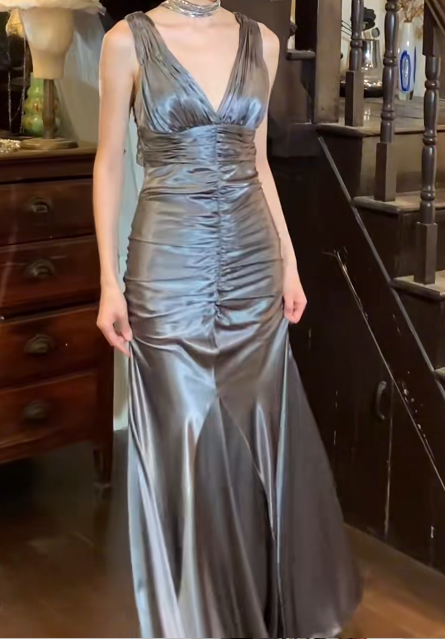 Vintage 50s Prom Dress V-neck Pleated Mermaid Gala Gown Evening Dress    D5269