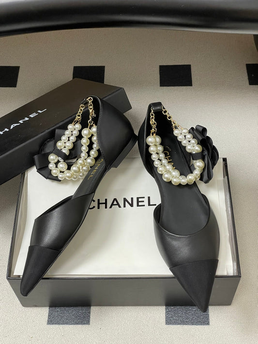 CC 26 Flat Slingback With Pearl Ankle Strap Lambskin Fabric