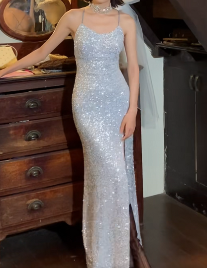 Shiny Prom Dress Spaghetti Straps Slit Gala Gown Evening Dress    D5271