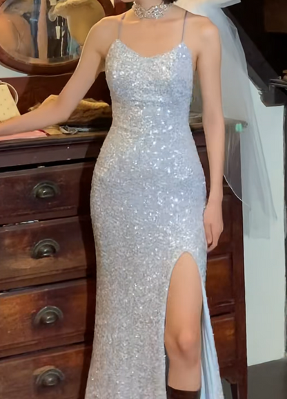 Shiny Prom Dress Spaghetti Straps Slit Gala Gown Evening Dress    D5271