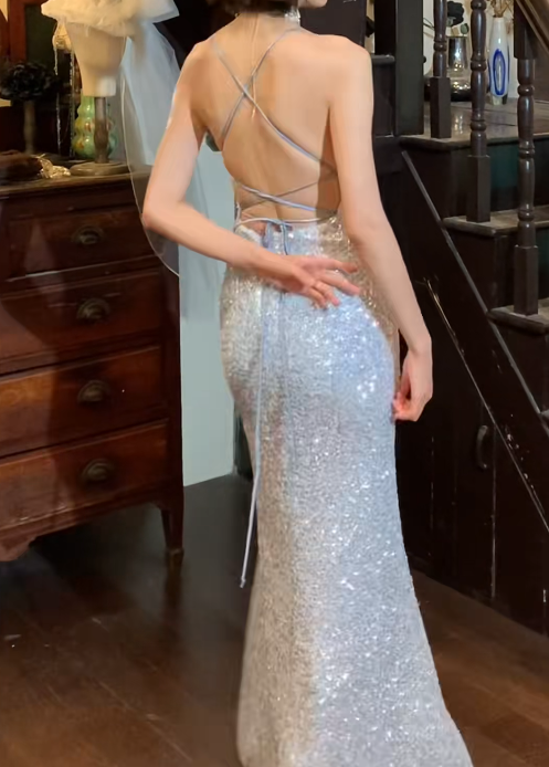 Shiny Prom Dress Spaghetti Straps Slit Gala Gown Evening Dress    D5271