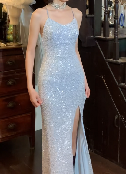 Shiny Prom Dress Spaghetti Straps Slit Gala Gown Evening Dress    D5271