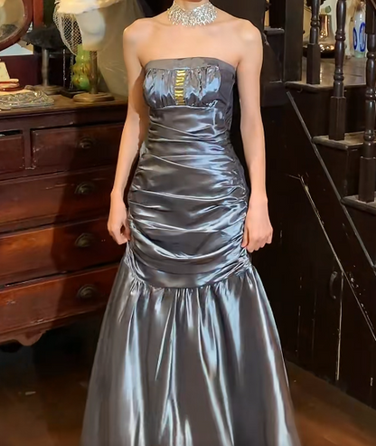 Chic Prom Dress Satin Strapless Pleated Mermaid Gala Gown Evening Dress    D5274