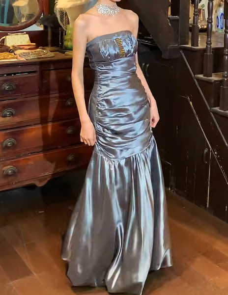 Chic Prom Dress Satin Strapless Pleated Mermaid Gala Gown Evening Dress    D5274