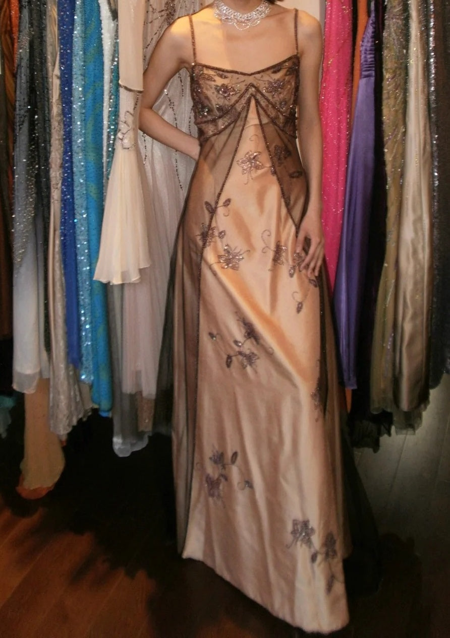 Retro 90s Prom Dress A Line Spaghetti Straps Beaded Gala Gown Evening Dress    D5276