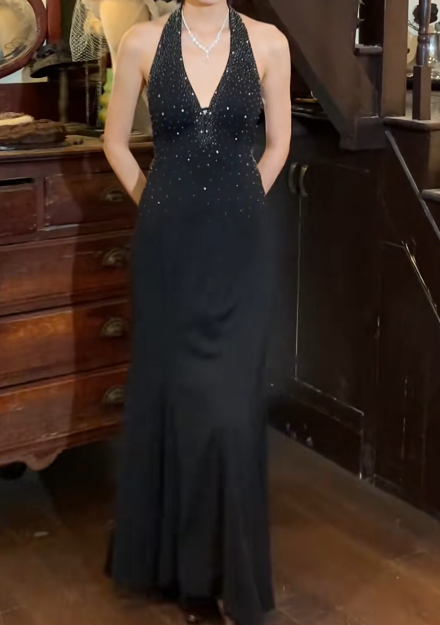 Retro 90s Prom Dress Black Halter Mermaid Gala Gown Evening Dress    D5277
