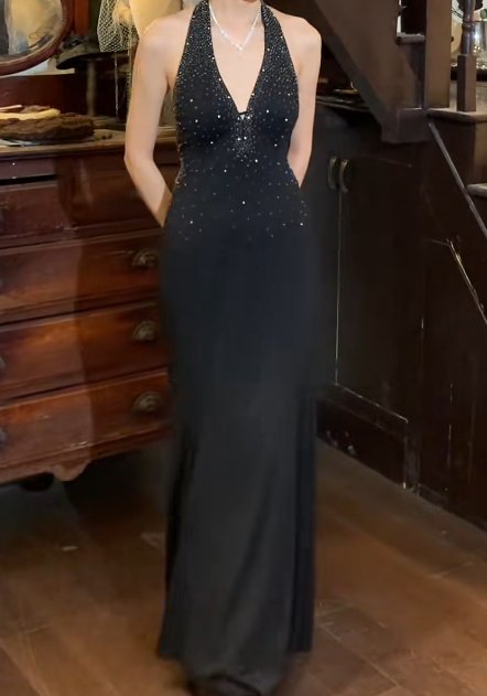 Retro 90s Prom Dress Black Halter Mermaid Gala Gown Evening Dress    D5277