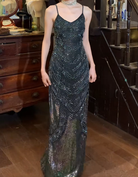 Retro 90s Prom Dress Spaghetti Straps Gala Gown Evening Dress    D5281