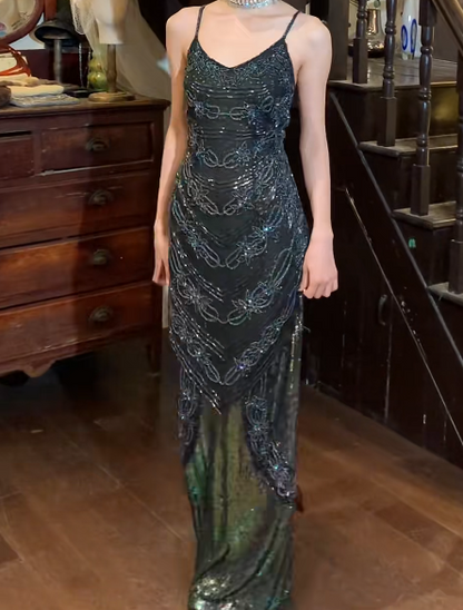 Retro 90s Prom Dress Spaghetti Straps Gala Gown Evening Dress    D5281