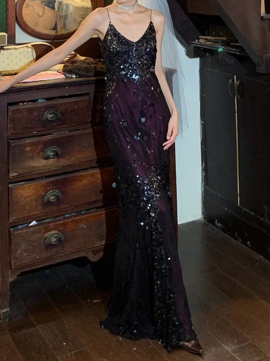Vintage 90s Prom Dress Spaghetti Straps Sequins Mermaid Gala Gown Evening Dress    D5282