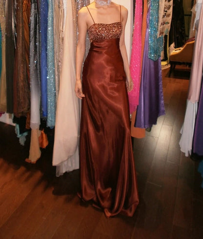 Retro 90s Prom Dress A Line Satin Spaghetti Straps Backless Gala Gown Evening Dress    D5283