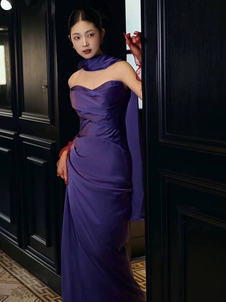 Charming Purple Strapless Mermaid Satin Long Party Dress Evening Gown, D968