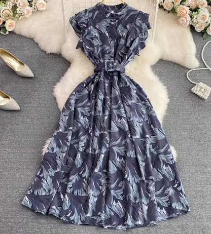 Gentle style stand-up collar, slim waist, printed A-line long swing dress 2025 high waist elegant long skirt R0359