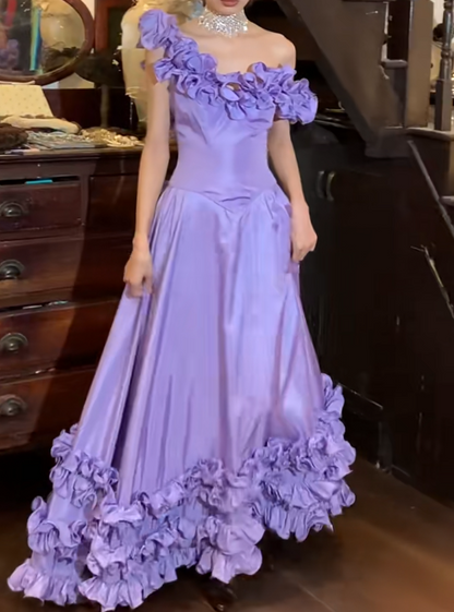 Vintage 90s Prom Dress Satin Light Purple Off Shoulder Pleated Gala Gown Evening Dress  D5292