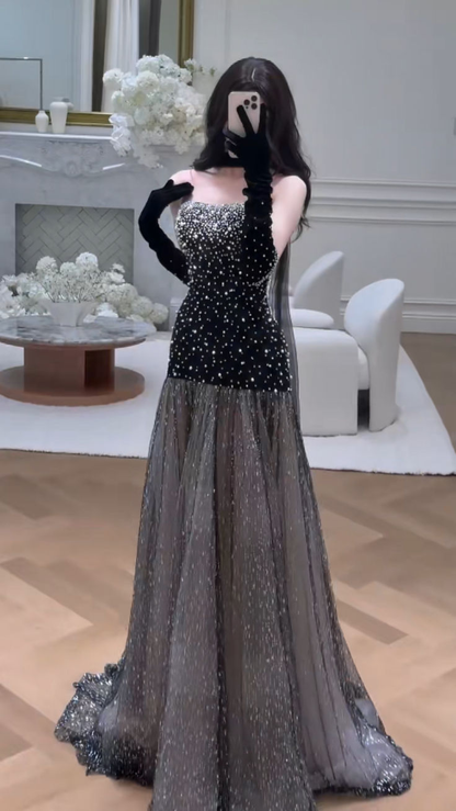 Gorgeous Black Strapless Tulle Beaded Mermaid Evening Dress Long Prom Dresses D1926