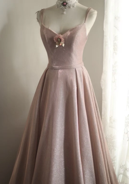 Classy Spaghetti Straps Pink Satin Sequin Long Evening Dress Birthday Outfits SP1210