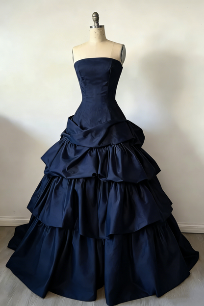 Fashion Strapless Ball Gown Burgundy Satin Layered Long Party Dress Evening Gown