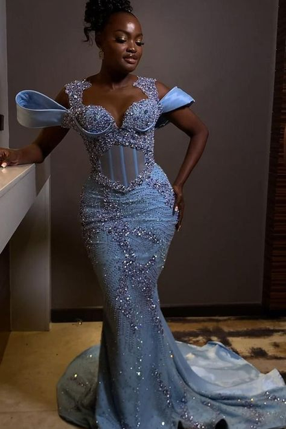 Stunning Off the shoulder Blue Mermaid Beaded Floor length Prom Dresses fg8363
