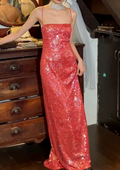 Shiny 90s Prom Dress Spaghetti Straps Gala Gown Evening Dress   D5303