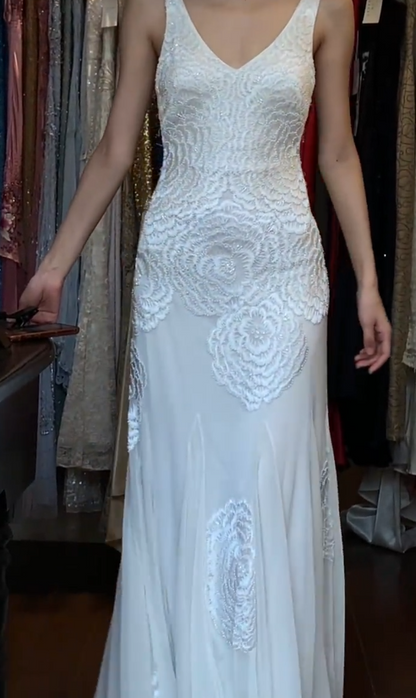 Pretty 90s Prom Dress V-neck Mermaid Gala Gown Evening Dress Wedding Dress   D5306