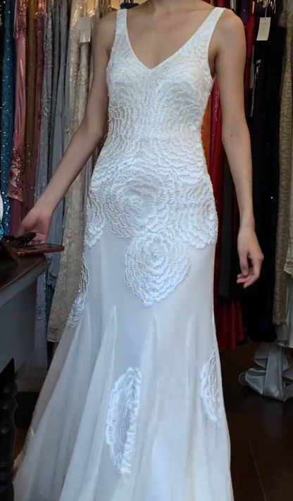 Pretty 90s Prom Dress V-neck Mermaid Gala Gown Evening Dress Wedding Dress   D5306