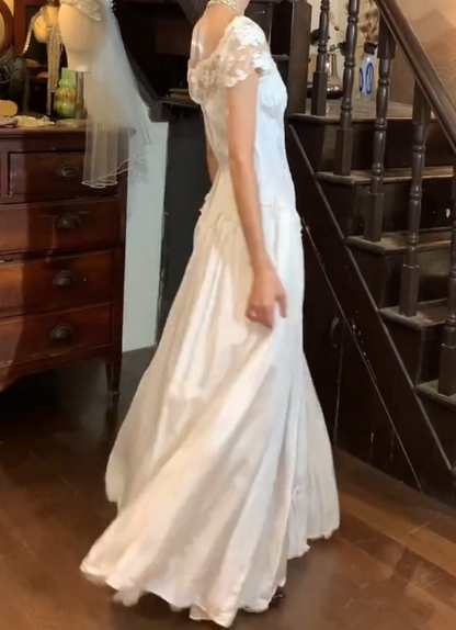 Vintage 90s Prom Dress A Line Square Neck Gala Gown Evening Dress Wedding Dress   D5307