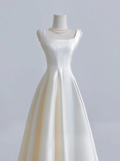 Ivory Satin Tea Length Simple Style Wedding Party Dress, Ivory Satin Prom Dress Formal Dress  fg8731