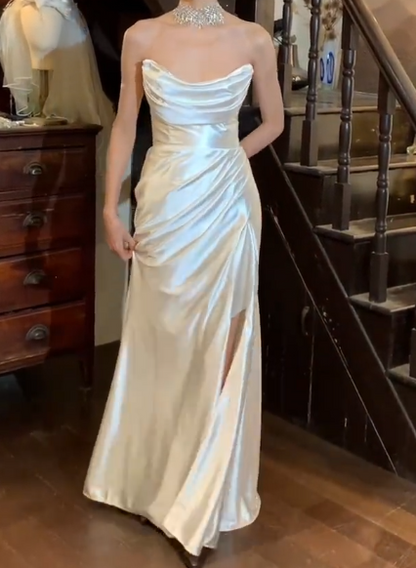 Chic Prom Dress Strapless Pleated Slit Gala Gown Evening Dress   D5309