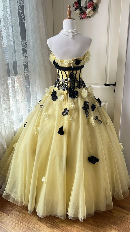 Stunning Ball Gown Strapless Tulle Floral Evening Dress Quinceanera Dress 18th Birthday Prom Gown       D5323