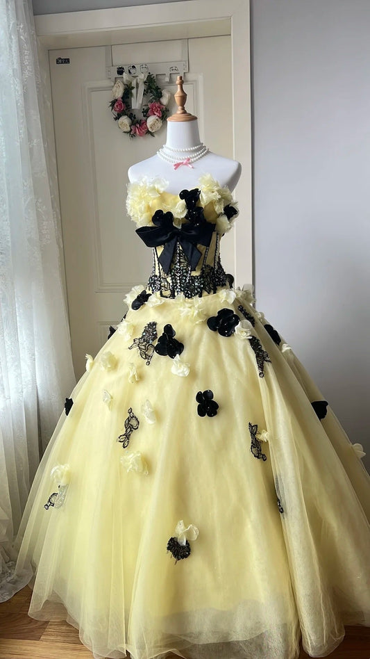 Stunning Ball Gown Strapless Tulle Floral Evening Dress Quinceanera Dress 18th Birthday Prom Gown       D5323