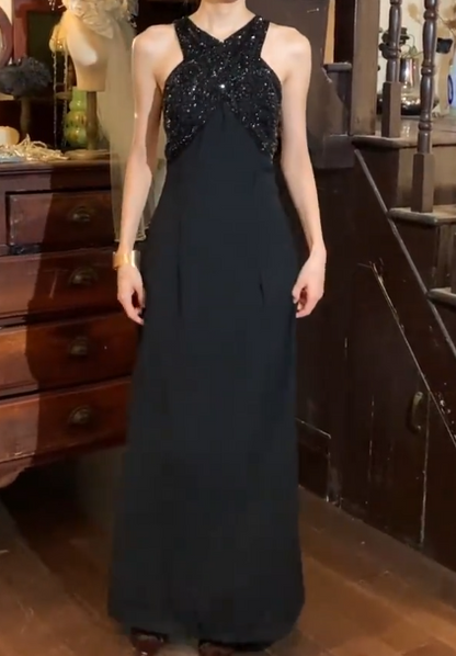 Retro 90s Prom Dress Black V-neck Gala Gown Evening Dress Formal Dress   D5316