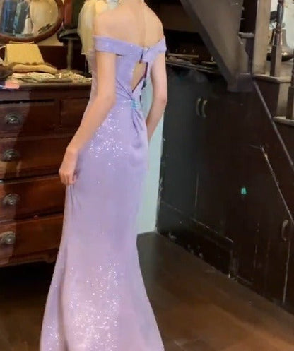 Shiny Prom Dress Light Purple Off Shoulder Gala Gown Evening Dress  D5319