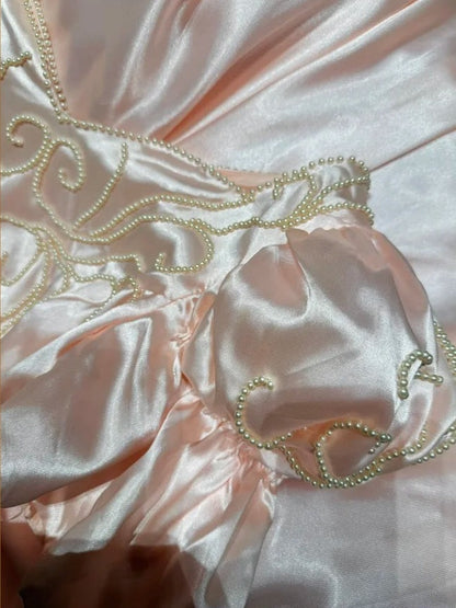 Chic Prom Gown Light Pink V-neck Satin Gala Dress Quinceanera Dress 18th Birthday Gown      D5327