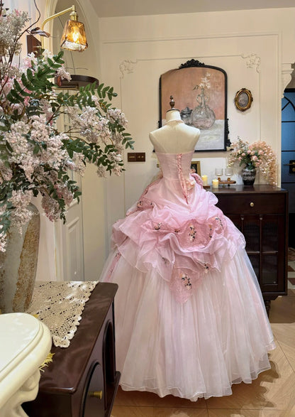 Elegant Ball Gown Light Pink Strapless Pleated Tulle Evening Dress Quinceanera Dress 18th Birthday Prom Gown       D5328