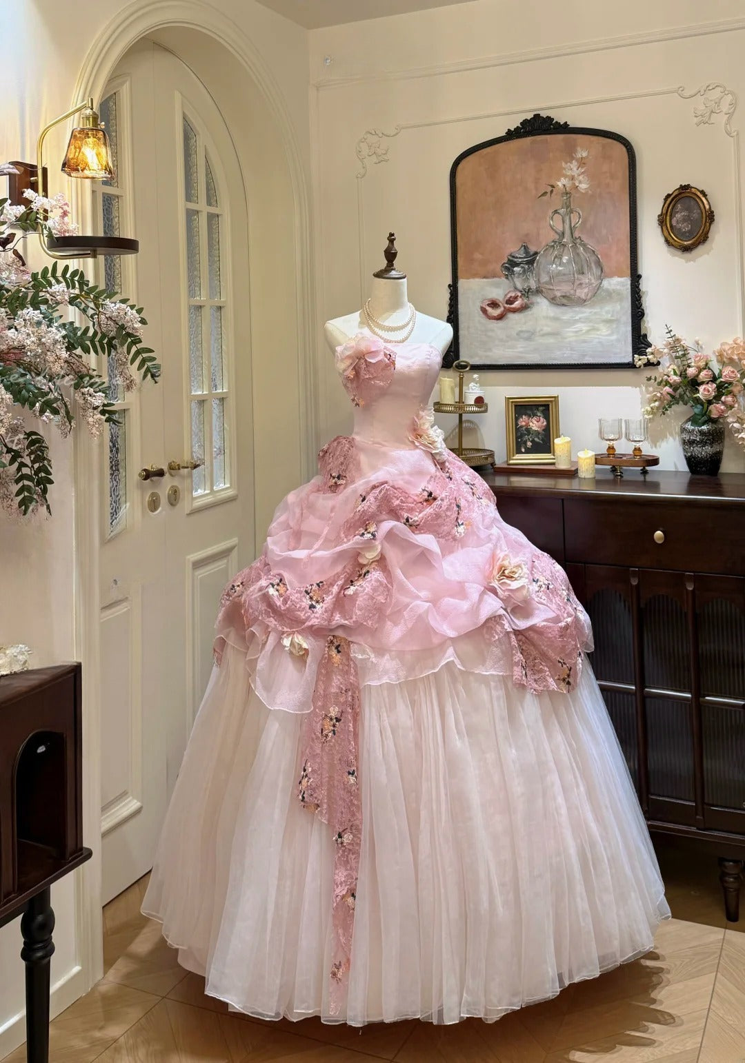 Elegant Ball Gown Light Pink Strapless Pleated Tulle Evening Dress Quinceanera Dress 18th Birthday Prom Gown       D5328
