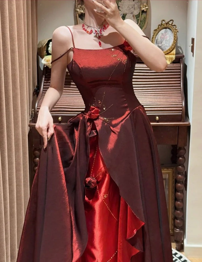 Pretty Prom Dress Wine Red Spaghetti Straps Gala Dress Evening Dress 18th Graduation Gown      D5336