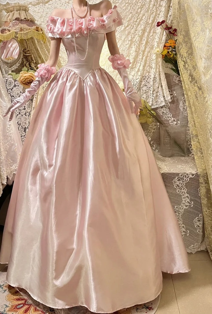 Pretty Prom Dress Light Pink Satin Off Shoulder Gala Dress Evening Dress 18th Graduation Gown      D5342