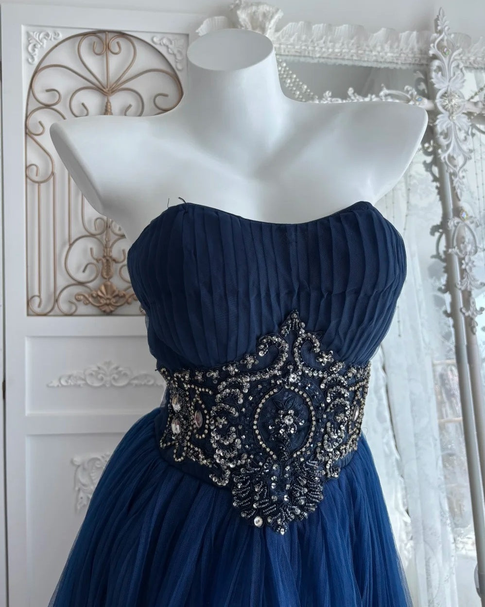 Pretty Prom Dress Navy Blue Strapless Pleated Tulle Gala Dress Evening Dress 18th Birthday Gown      D5346