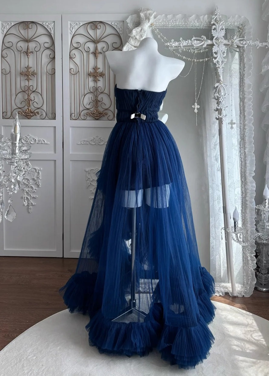 Pretty Prom Dress Navy Blue Strapless Pleated Tulle Gala Dress Evening Dress 18th Birthday Gown      D5346