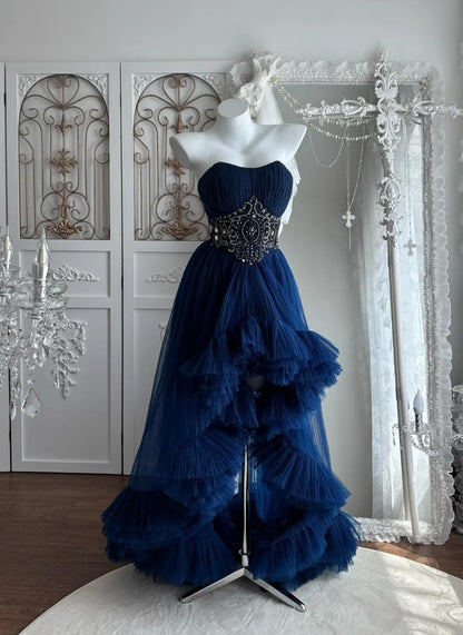 Pretty Prom Dress Navy Blue Strapless Pleated Tulle Gala Dress Evening Dress 18th Birthday Gown      D5346
