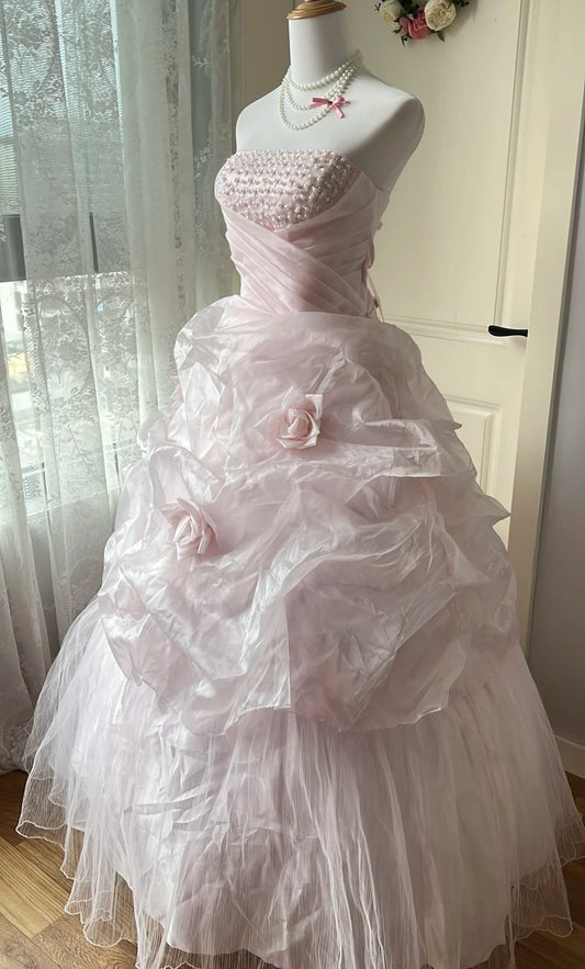 Pretty Ball Gown Light Pink Strapless Pleated Evening Dress Sweet 16th Dress 18th Graduation Gown       D5349