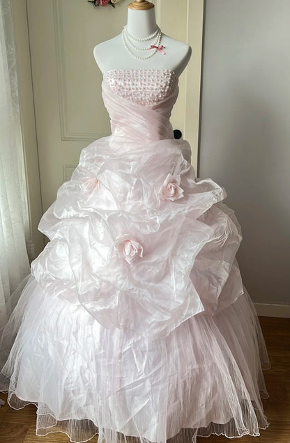 Pretty Ball Gown Light Pink Strapless Pleated Evening Dress Sweet 16th Dress 18th Graduation Gown       D5349