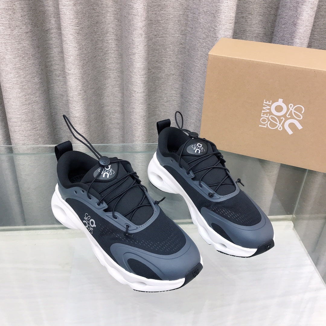 Loewe x on Angpao Couple Running Sneakers Black Gray White Nylon Calfskin 597421